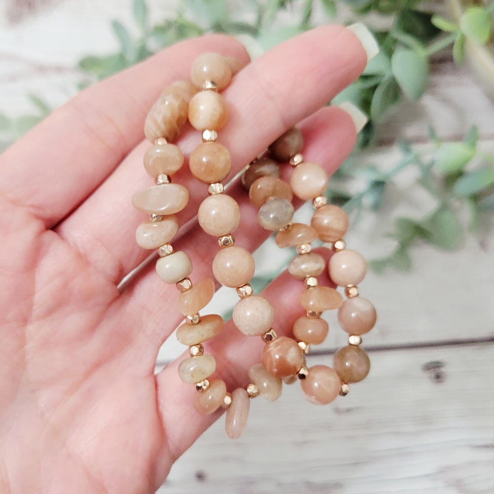Peach Moonstone & Sunstone Beaded Bracelet Pair